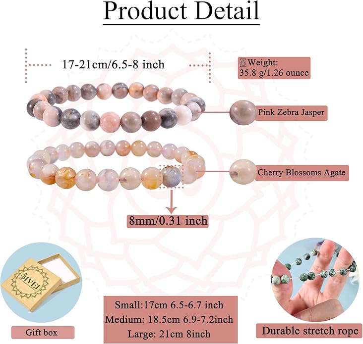 Bivei Natural Gemstone Semi Precious Healing Crystals Handmade Stretchy Round Beads Bracelet, Enhance Positive Energy