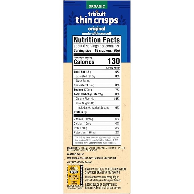 Triscuit Organic Original Whole Grain Wheat Crackers, Organic Crackers, Vegan Snacks, Bulk Lunch Snacks, 6 - 6.5 oz Boxes