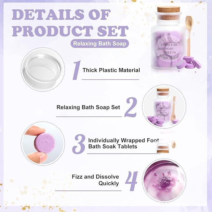 128g Pedicure Foot Spa Tablets 10 Oz Plastic Bath Salts Jar Foot Soak Tablets Manicure Soak Balls Softens Skin Botanicals Lavender Essential Oil Fast Dissolving Pedicure Supplies for Feet Dry Cracked