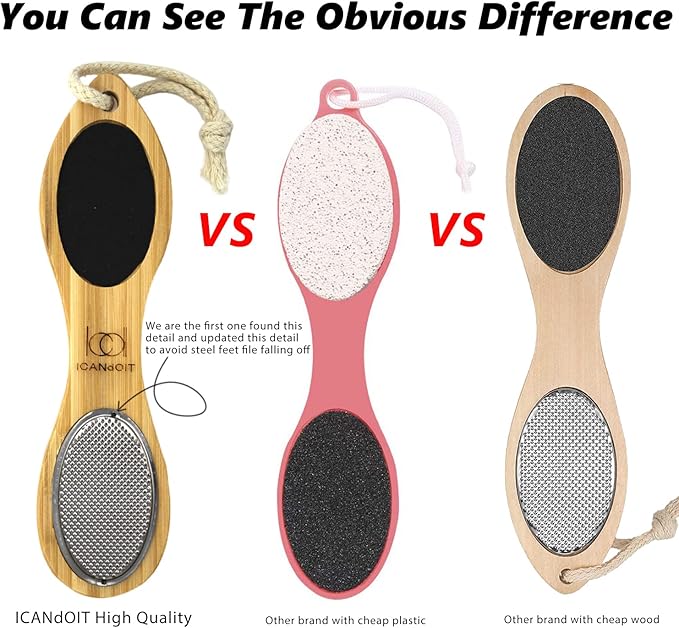 ICANdOIT-2 Packs Natural Bamboo Foot File Callus Remover-Multi Purpose 4 in 1 Feet Pedicure Kit with Boar Bristle Brush,Pumice Stone,Foot Rasp,Sand Paper