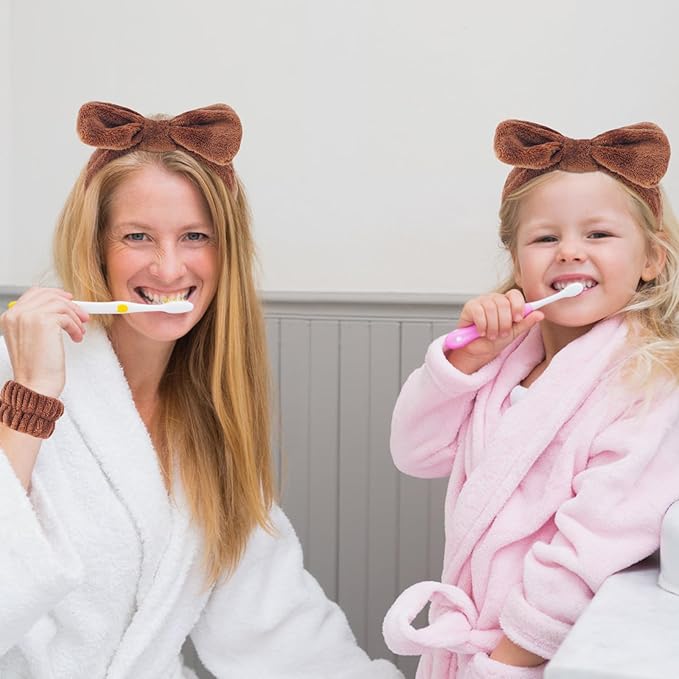 VELSCRUN Spa Headband, Makeup Face Wash Skincare Headbands, 6 Pcs Coffee Color Sponge Bow Tie Get Ready HairBand Facial Wristband Set, Stuff for Teen Girls Women Trendy Fashion Hair Accessories