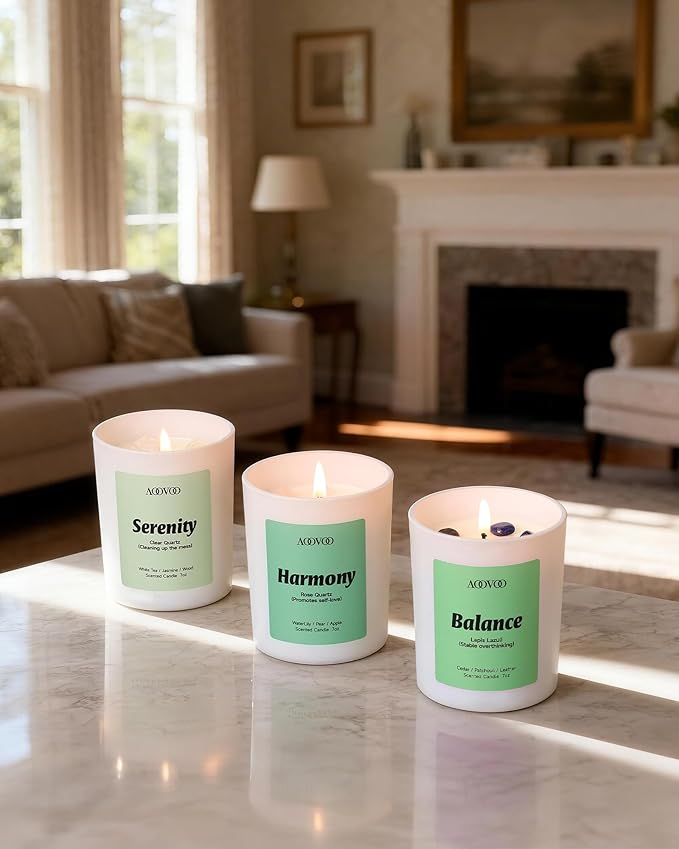 AOOVOO Calm Candles Set for Women - 4 Pack Candles for Home Scented, 28 oz 200 Hour Burn, Aromatherapy Candle with Crystals, Lavender Calm/Jasmine Serenity/Water Lily Pear Harmony/Patchouli Balance