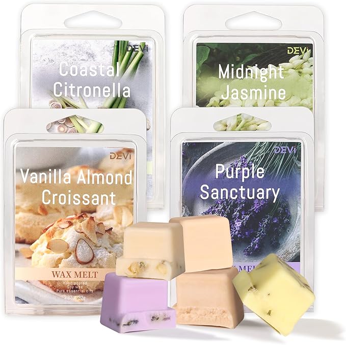 DEVI Scented Wax Melts with Dried Flowers, Natural Soy Wax Cubes Strong Scent - Fall Scented Candle Melts for Warmer, Vanilla Almond Biscuit, Lavender & Eucalyptus, Jasmine, Citronella, 4 Pack