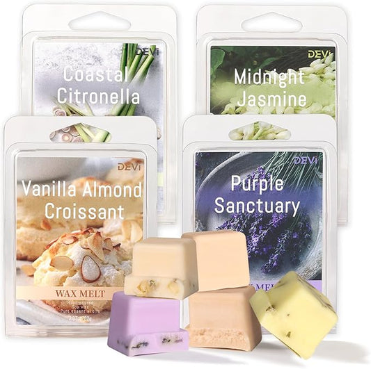 DEVI Scented Wax Melts with Dried Flowers, Natural Soy Wax Cubes Strong Scent - Fall Scented Candle Melts for Warmer, Vanilla Almond Biscuit, Lavender & Eucalyptus, Jasmine, Citronella, 4 Pack