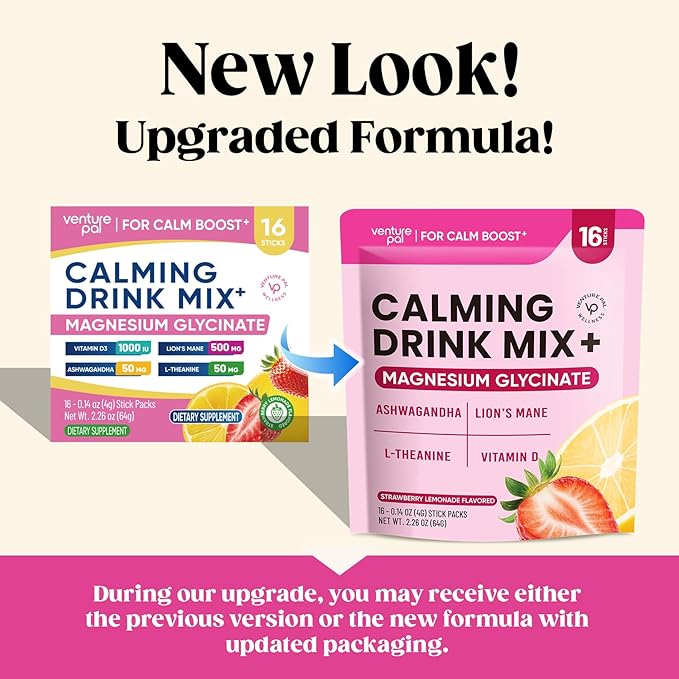 Venture Pal Calming Powdered Drink Mix, Magnesium Glycinate, Ashwagandha, L-Theanine,Vitamin D, Lions Mane, Sugar Free Magnesium Supplement Blend for Relax & Focus, Non GMO, Vegan, On The Go