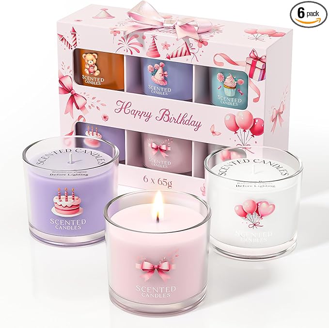 Birthday Candles, Scented Candles Gift Set for Stress Relief, 6 Votive Candles for Women and Men, Birthday Candle Gifts for Women (6 Colors, 14 oz)