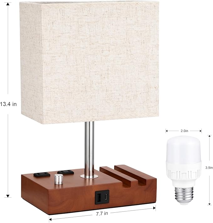 Kakanuo Fully Dimmable Nightstand Lamp for Bedroom with USB C Ports, Small Bedside Table Lamp with Charging Outlets and Phone Stands, Vintage Wooden Desk Lamp for Living Room, LED Bulb Included
