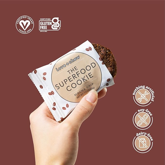 Love + Chew Mocha Chip Minis Bulk Box - Tasty, Gluten Free Cookies - Vegan, Healthy, Paleo, Non GMO - Individually Wrapped and Soft Baked - Made from High Protein Almonds - 1 Ounce Each, 80 Count