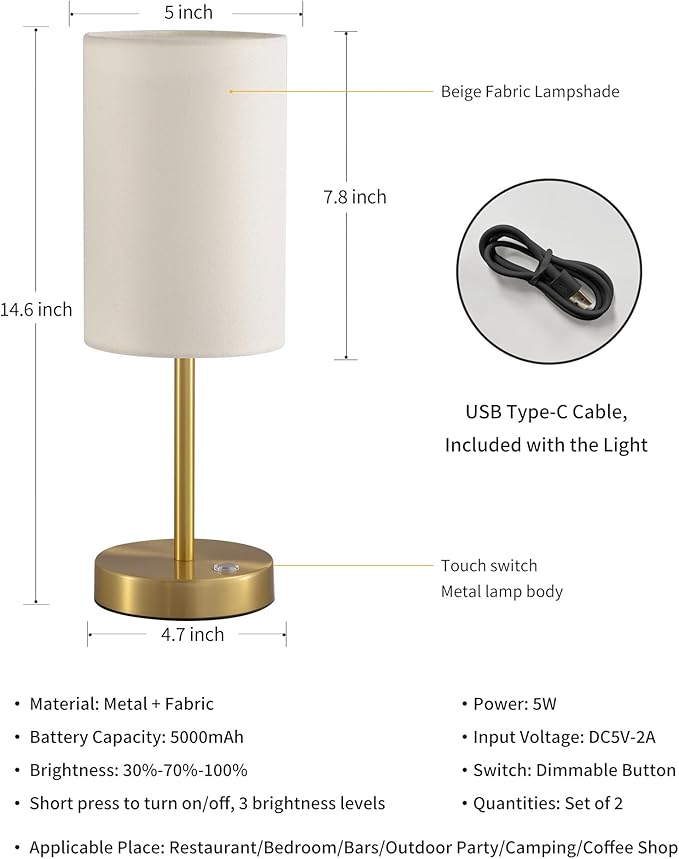 KDG Simple Cordless Table lamp, Portable Bedside 5000mAh LED Desk Lamp, 3 Brightness Levels Emergency Light, Linen Lampshade for Living Room, Bedroom, Dining Room, Night Light (Gold)