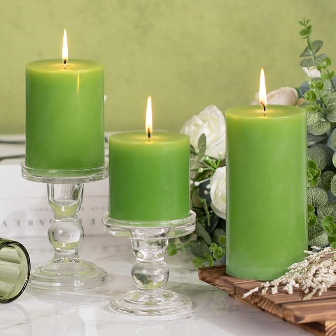 KONNI Green Pillar Candles Set of 3, 3"x 6" Unscented Pillar Candles Bulk, 56 Hours Long Burning Candles, Smokeless&Dripless Large Round Candle for Wedding, Home Decoration, Parties, Spas, Dinner