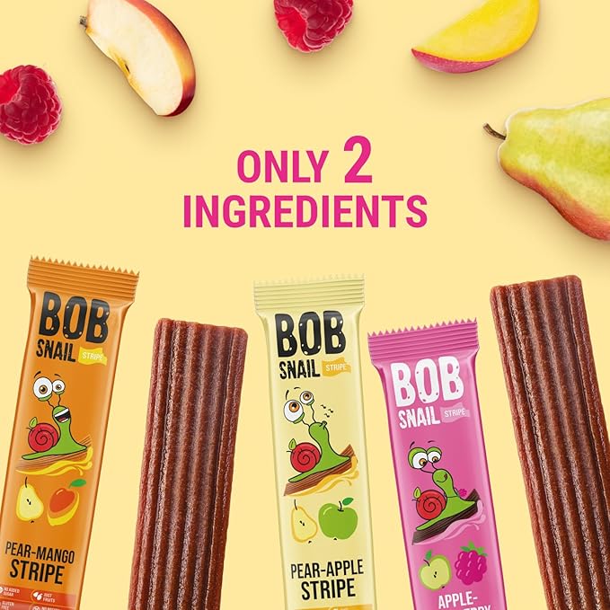 BOB SNAIL Healthy Organic Fruit Snacks for Kids and Adults – 30 Organic Fruit Leather Snacks with Pear-Apple, Raspberry, Mango – Vegan Low-Carb Variety Pack Strips for Kids – Sugar Free Jerky Bars