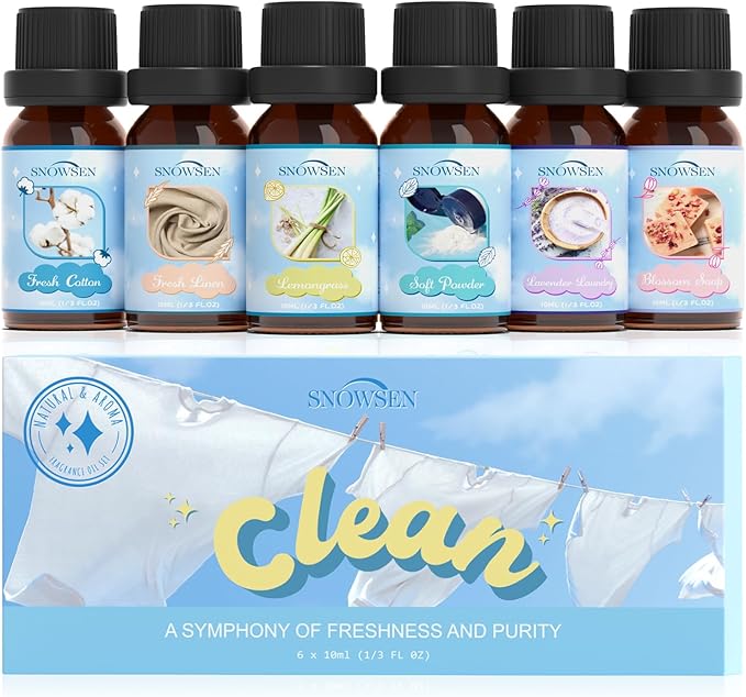 Clean Essential Oils Set, SNOWSEN Fragrance Oil for Diffuser, Wool Dryer Balls, Candle, Soap Making, Fresh Cotton, Fresh Linen, Lemongrass, Soft Powder, Lavender Laundry, Blossom Soap Scented Oil