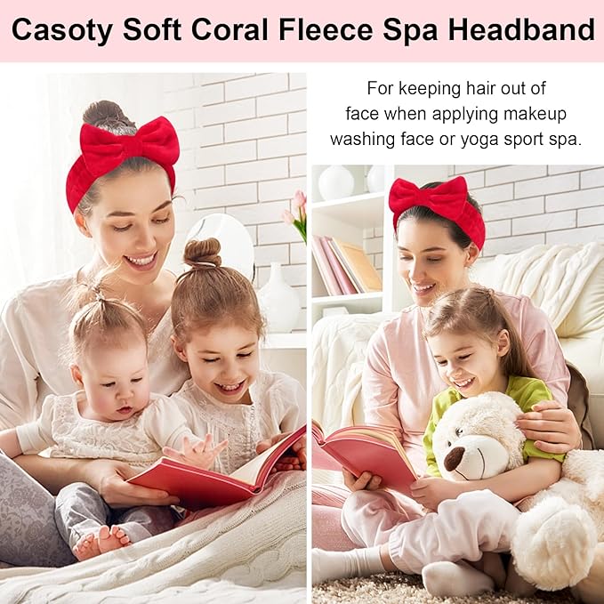 Casoty 6 Pcs Red Spa Headbands, Skin Care Headband, Soft Coral Fleece Makeup Hair band, Bow Hair Band for Face Washing Shower Skin Care Yoga