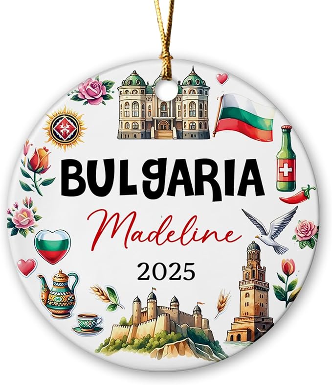 Bulgaria Landmark Ceramic Ornament, Personalized Bulgaria Christmas 2024 Souvenir, Custom Name Vacation Trip Ornament