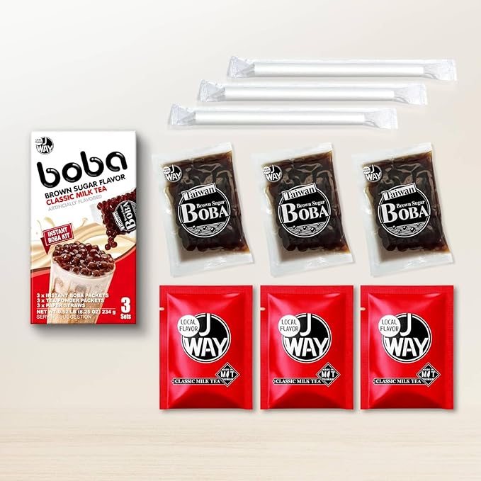 J WAY Instant Boba Bubble Pearl Milk Tea Kit with Authentic Brown Sugar Tapioca Boba, Ready in Under One Minute, Paper Straws Included - 3 Servings