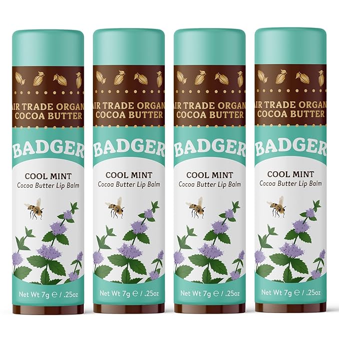 Badger Cool Mint Cocoa Butter Lip Balm, Long Lasting Hydrating Lip Care, 100% Organic Lip Balm, Large Size Stick, 4-pack