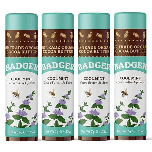 Badger Cool Mint Cocoa Butter Lip Balm, Long Lasting Hydrating Lip Care, 100% Organic Lip Balm, Large Size Stick, 4-pack