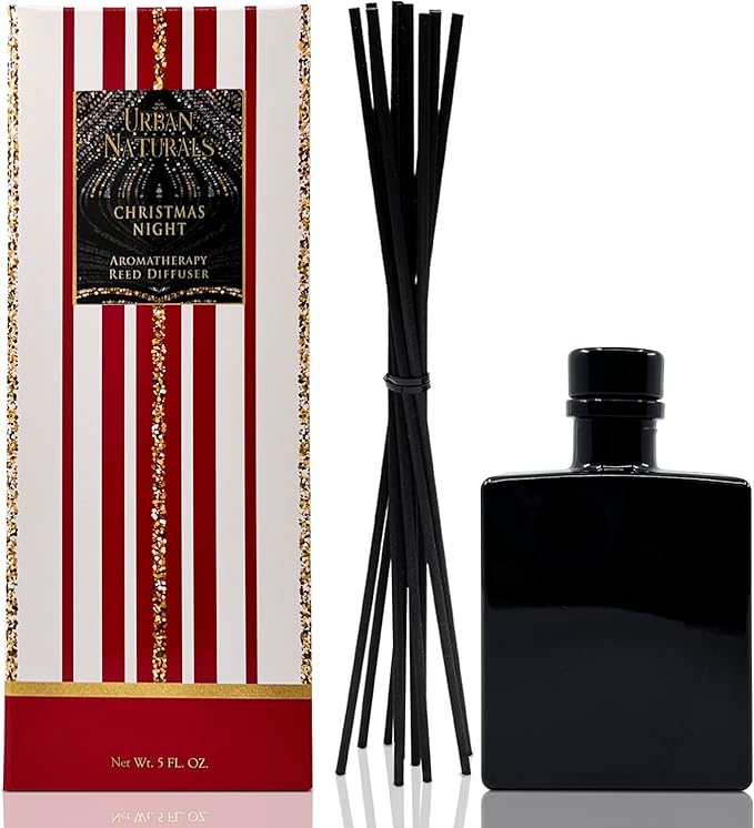Urban Naturals Christmas Night Reed Diffuser Set – Cinnamon Spice, Almond, Clove, Cedarwood, Fresh Balsam and Fir Needle – 5 Ounce Sleek Black Rectangular Refillable Glass Bottle – Made in The USA