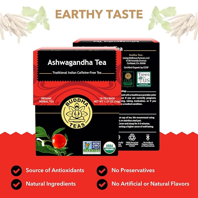 Buddha Teas - Ashwagandha Root Tea - Herbal Tea - Promote Cleansing & Wellness - With Antioxidants & Minerals - Clean Ingredients - Caffeine Free - OU Kosher - 18 Tea Bags (Pack of 1)