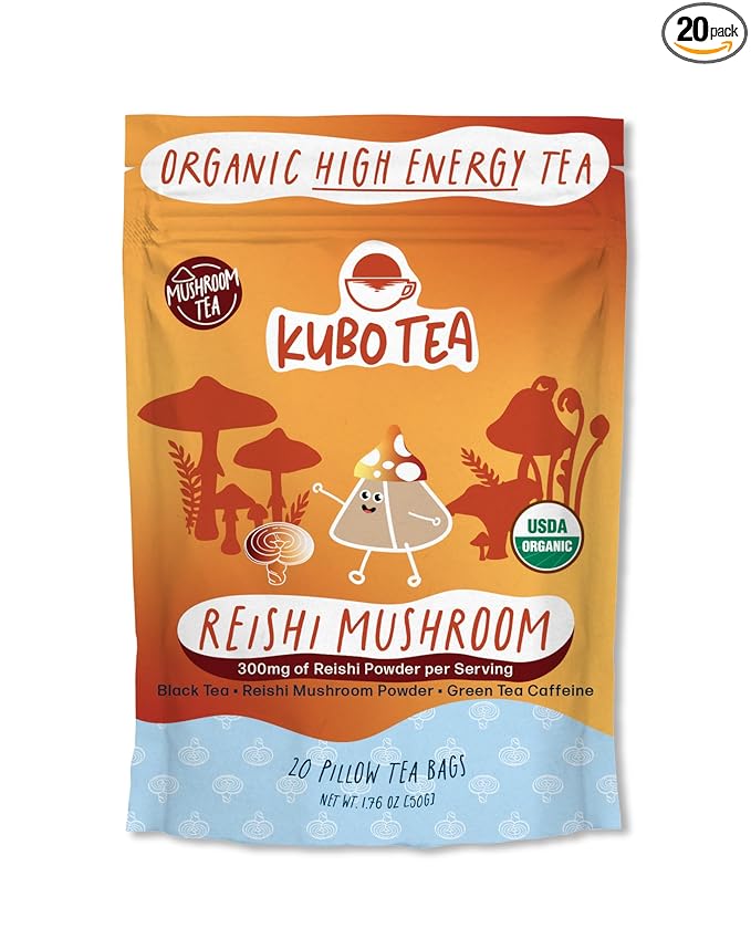 Kubo Tea Reishi Breakfast Black Tea - High Caffeine Reishi Tea w/ 20 Servings (155mg Caffeine Each) - Coffee Substitute Mushroom Tea Bags w/Pillow Bag Design, Biodegradable and Compostable Packaging