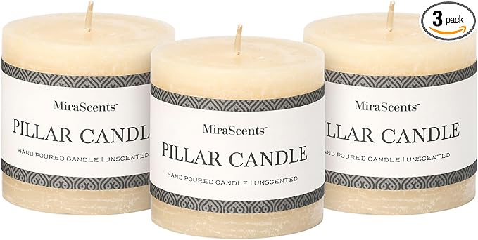 3x3 Inch Ivory Pillar Candles Set of 3 - Hand-Poured Unscented Candles, Long Clean Burning, Large Big Candles, Smokeless Dripless Candles for Dinner Table, Wedding, Home, Bathroom, Rustic Decor