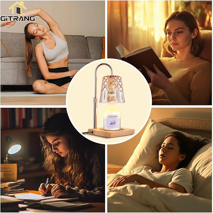 Candle Warming Lamp with Timer Dimmer, Adjustable Height Electric Wax Melt Warmer for Jar Candles with 3 Bulbs, Mother's Day Women's Home Decor Gift, Champagne Color Pole with Square Base