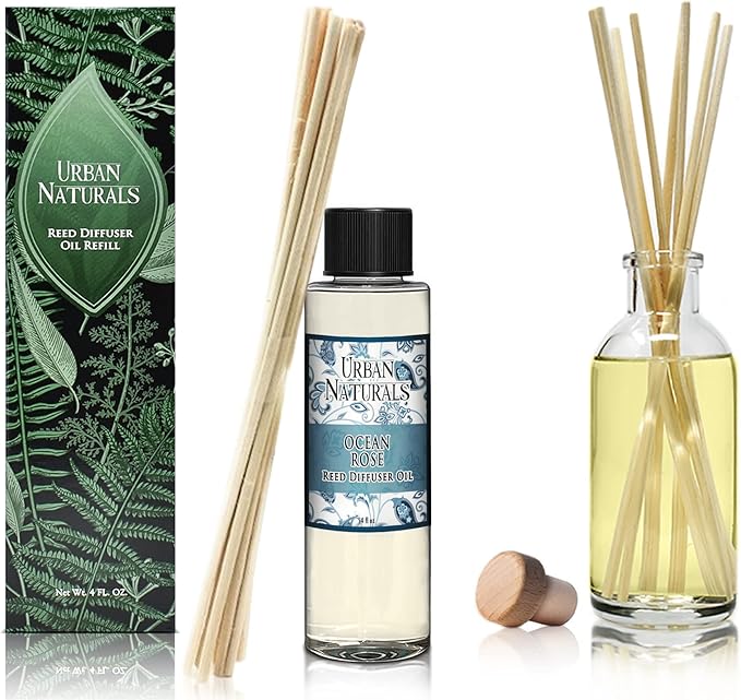 Urban Naturals Reed Diffuser Oil Refill, Ocean Rose Diffuser Oils with Rose, Lemongrass, Basil, 4 oz + Free Reed Sticks, Made in The USA