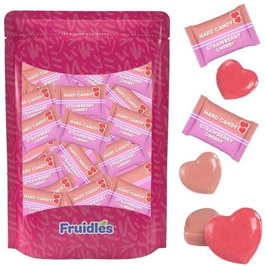Fruidles Cherry & Strawberry Hearts Candy, Purple & Pink Heart Shaped Hard Candy Sucker Individually Wrapped in Foil, Made in Brazil (20 Pounds (Bulk))
