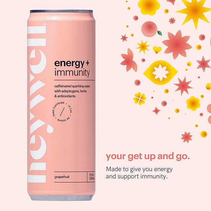 Heywell Sparkling Adaptogenic Water, Energy and Immunity, Grapefruit Flavor, 12 Fluid Ounce (Pack of 12) - Caffeinated, Organic, Non GMO, Vegan, Gluten Free, Dairy Free