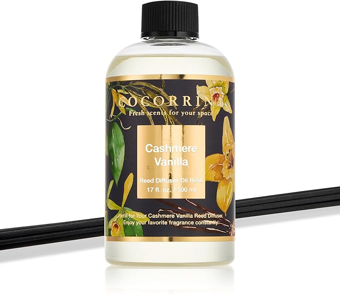 Cocorrína Reed Diffuser Refill Cashmere Vanilla 17oz (500ml) with 8 Rattan Sticks - Premium Long-Lasting Essential Oil, Home Fragrance for Bedroom, Bathroom Home Decor