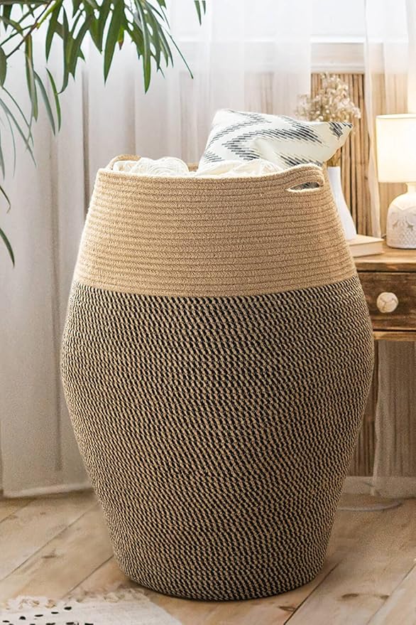 Goodpick 105L Jute Woven Rope Laundry Hamper - Collapsible Clothes Hamper for Bedroom and Laundry Room, 25.6" x 17.7" Tall Modern Baskets for organizing and décor Room