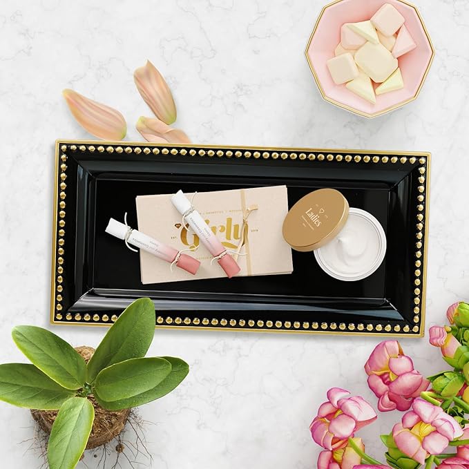 2 Pack Black Bathroom Vanity Tray for Countertop with Beads, Small Plastic Toilet Tank Versatile Storage Organization Tray for Makeup, Perfume, Desk, Kitchen, Candles, 14"x7"x1", 36B