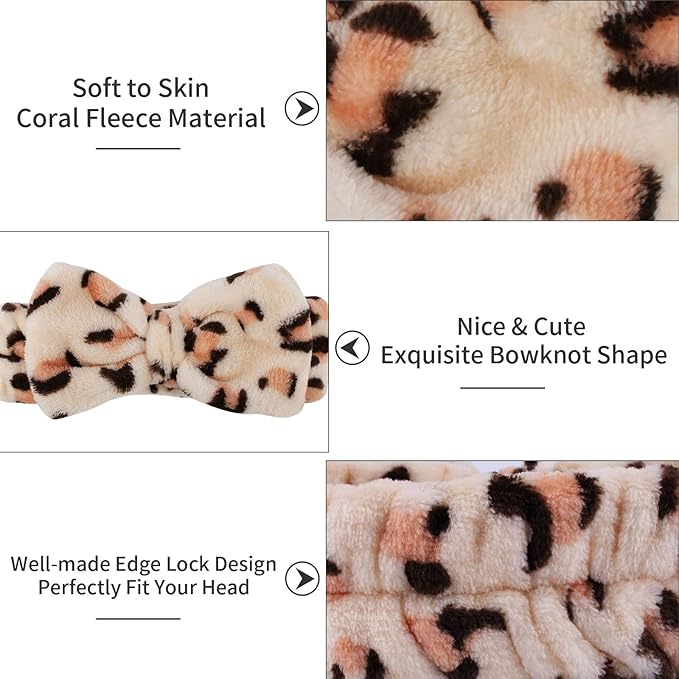 Casoty 6 Pcs Skincare Headband Bow Hair Band Spa Headband for Women Soft Coral Fleece Headbands for Washing Face Terry Cloth Head Band Makeup Head Band Face Wash Headbands