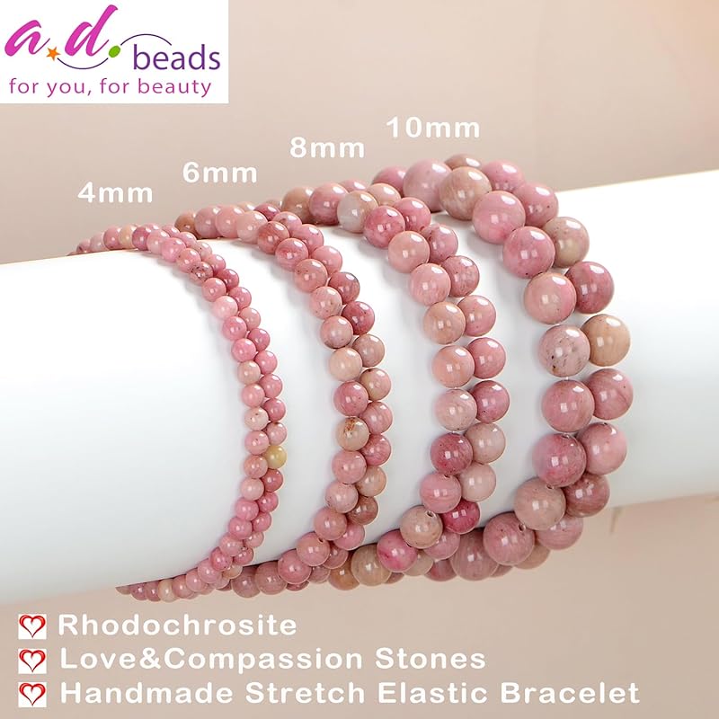 AD Beads Handmade Gemstone Stretch Elastic Bracelet Crystal Healing Reiki Nature's Beauty and Spiritual Essence Unisex (4mm, Rhodochrosite)