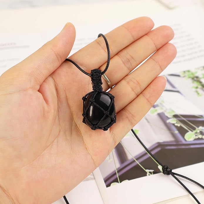 Handmade Natural Gemstone Crystal Pendant Necklace Stone Holder Necklace Cord Net Necklace with Adjustable Length for Women Men