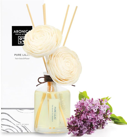 Aronica Twin Sola Diffuser - Pure Lilac Fragrance, 160ml / 5.41 Floz, Lilac Scented Products, Flower Reed Diffusers for Home Aesthetic Decor
