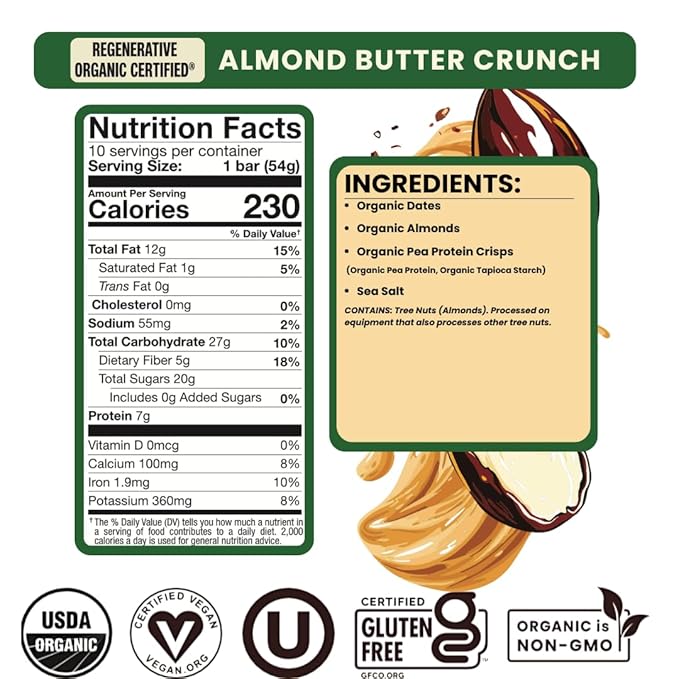 Bearded Brothers, Organic Vegan Protein Energy Bars, Almond Butter Crunch (10 Pack) - Gluten Free, Paleo, Fiber, Whole 30, Non GMO Low Glycemic Snacks (Packaging May Vary)