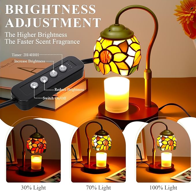 Candle Warmer Lamp - Electric Candle Lamps Timer Dimmer, Sunflower Tiffany Style Stained Glass Candle Warming Lamp Compatible with Jar Candles Gifts for Mom Friend Wax Melt Warmer for Home Decor