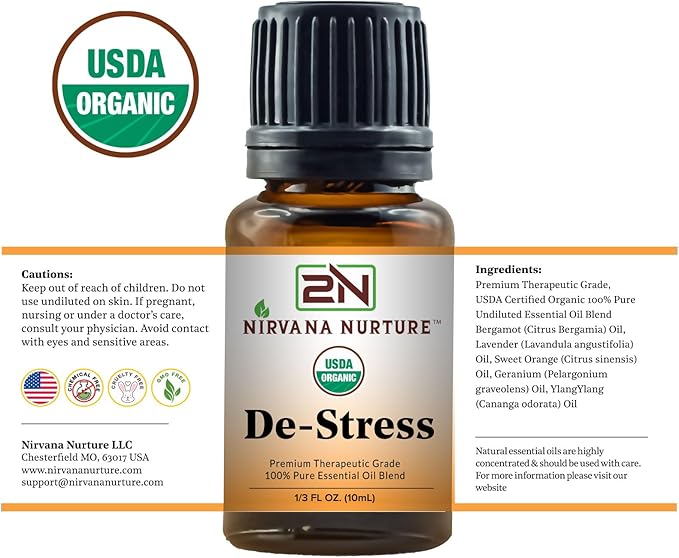 De Stress Blend USDA Organic, 100% Pure and Premium, Undiluted, Ease Stress, Aromatherapy, Mood Booster, Calm, Relax