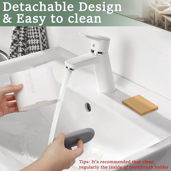 Toothbrush and Toothpaste Holder with Bamboo Divider for Bathroom Countertop Organizer, Detachable for Easy Clean, 2 Slots Electric Toothbrush Holders Storage Caddy Drainage for Family-White