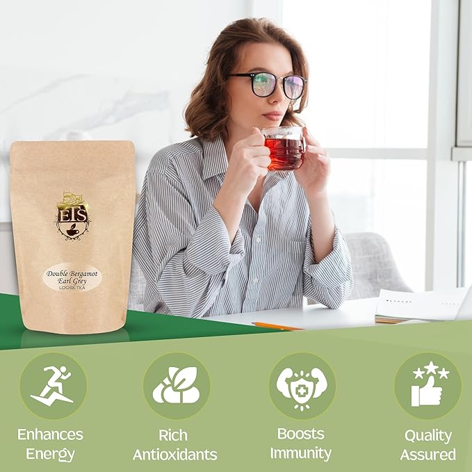 Double Bergamot Earl Grey Tea - 4oz | Loose Leaf Tea Pouches | English Tea Store Blend | Strong Citrus Flavor with Indian & Ceylon Black Tea | Hot or Iced Tea Brewing