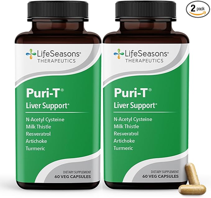 LifeSeasons Puri-T - Liver Cleanse & Detox Support Supplement - Resveratrol N-Acetyl Cysteine Milk Thistle Artichoke & Turmeric - Supports Tissue Regeneration & Healthy Bile - 60 Capsules (Pack of 2)