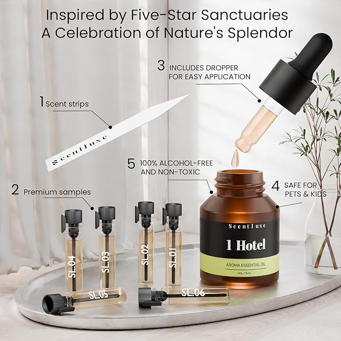 Essential Oil & Aromatherapy Diffuser Oils by The 1 Hotel Scent - Pepper, Lemon, Patchouli Notes. Premium 15mL Glass Dropper Bottle for Ultrasonic/Waterless Diffusers, Crafting 5-Star Hotel Fragrance