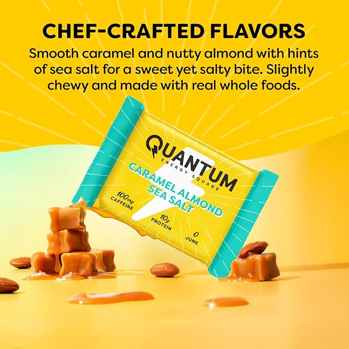 Quantum Energy Square: Energy Bar with Caffeine & 10g Protein. Delicious Healthy Snack On The Go. (Vegan, Gluten-free, Soy-free, Dairy-free) (Caramel Almond Sea Salt)