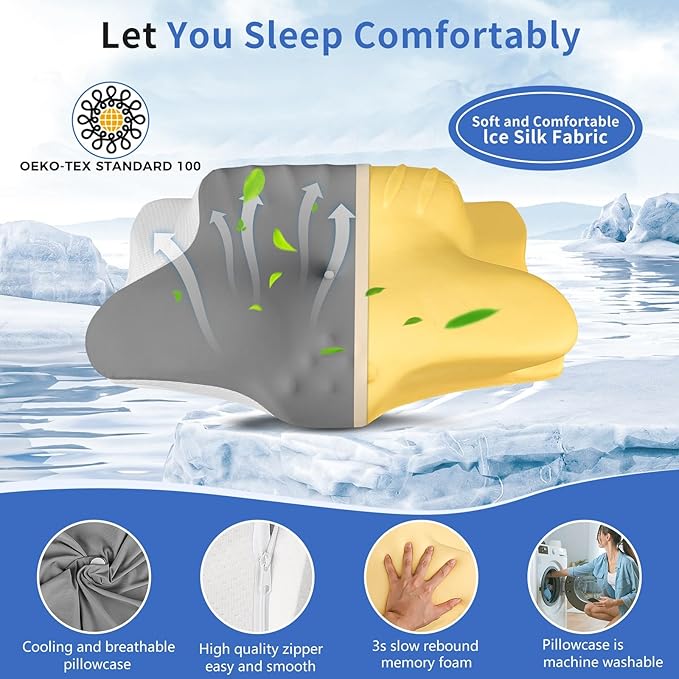 Cervical Pillow for Relieving Neck Pain, Ergonomic Sleep Cervical Pillow, Memory Foam Pillow with Cooling Breathable Pillowcase, Bed Pillow for Side Back Stomach Sleepers