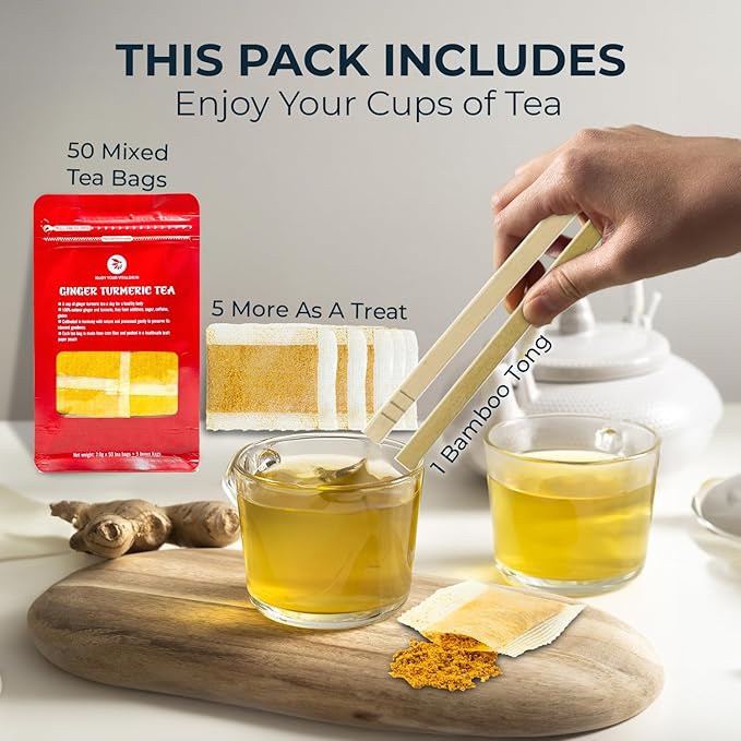 Turmeric Ginger Tea Bags - 55 Count (+5 Tea Bags) Bamboo Tong Included - 5.11 oz, Re-Steep Herbal Blend, No Sugar, No Additives, Body Warm, Health &Support
