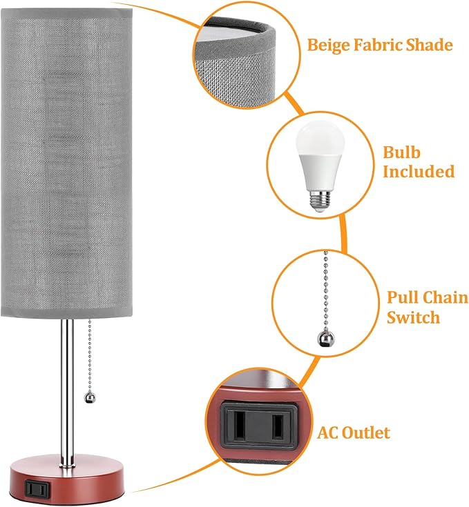 Dott Arts 18" Table Lamp for Bedroom, 3-Color Bedside Lamps with Pull Chain, Bedroom Table Lamps for Nightstand,AC Outlet Small Lamp for Living Room, Bulb Included Grey
