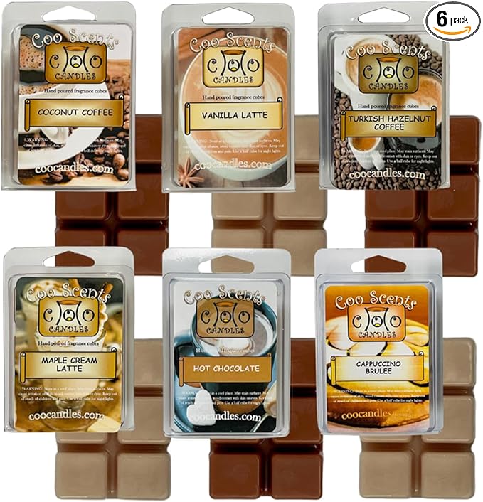 Coffee House Scented Wax Melts, 6 Pack – USA Made – Wax Cubes for Wax Melt Warmer, Coffee Variety Pack - Coconut, Maple Latte, Hazelnut, Hot Chocolate, Vanilla Latte, & Cappuccino Brulee