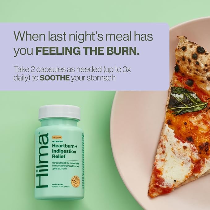 Hilma Heartburn & Indigestion Relief, Natural Antacid for Occasional Acid Reflux & Heartburn, Ginger, Chamomile, Marshmallow Root and More, Doctor-Formulated and Clinically-Studied, 50 Vegan Capsules