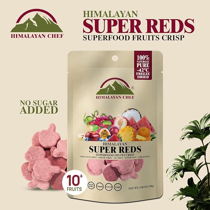 Himalayan Chef Super Reds Freeze-Dried Fruit Crisps, 30g/each 10 Pack | 10+ Superfood Fruits | Healthy Snacks Packed with Multivitamins, High Fiber & Antioxidants for Energy Boost